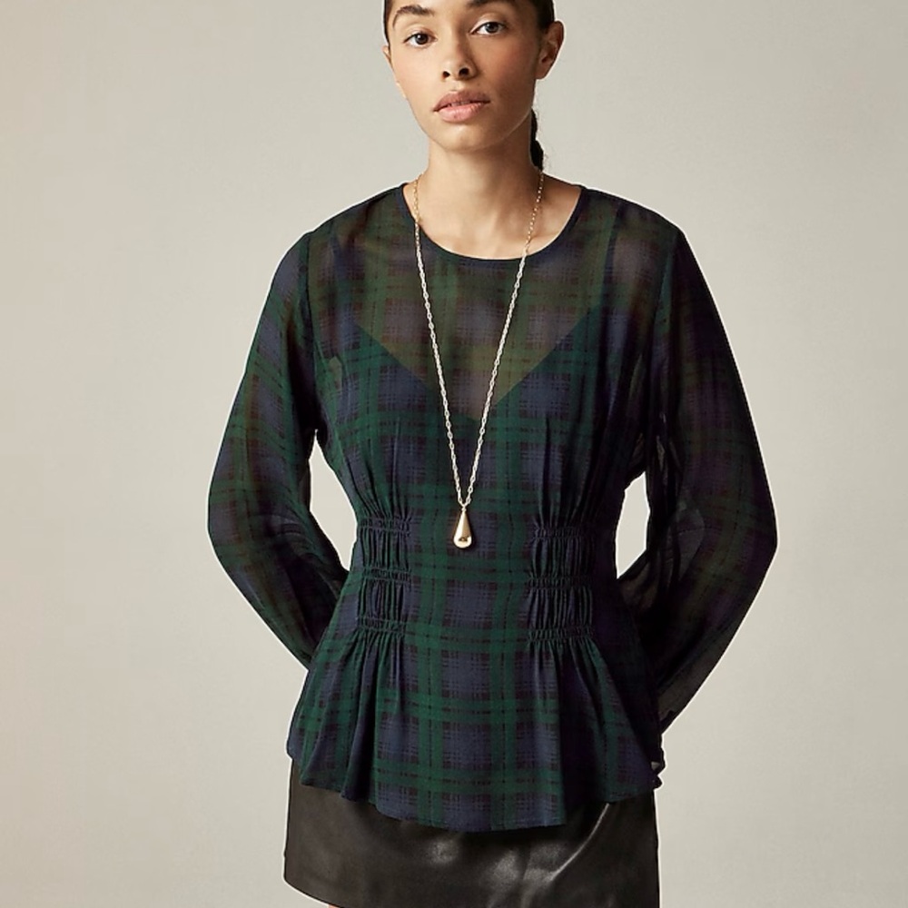J. Crew Green and Blue Smocked Long Sleeve Blouse